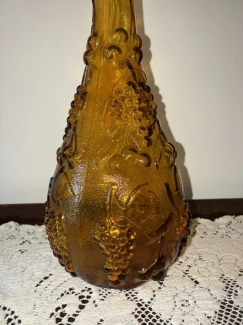 Vintage 1960's Italy Empoli Glass Amber Grapevine Genie Bottle - No Stopper